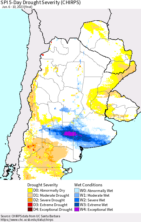 Southern South America SPI 5-Day Drought Severity (CHIRPS) Thematic Map For 6/6/2023 - 6/10/2023
