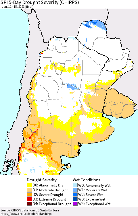 Southern South America SPI 5-Day Drought Severity (CHIRPS) Thematic Map For 6/11/2023 - 6/15/2023