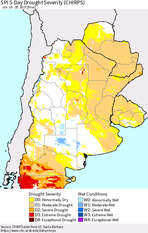 Southern South America SPI 5-Day Drought Severity (CHIRPS) Thematic Map For 6/16/2023 - 6/20/2023
