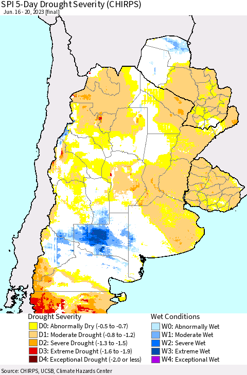 Southern South America SPI 5-Day Drought Severity (CHIRPS) Thematic Map For 6/16/2023 - 6/20/2023