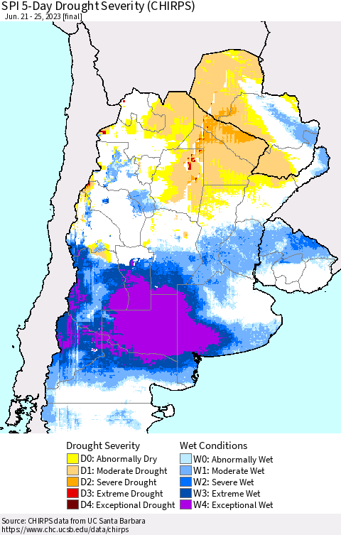 Southern South America SPI 5-Day Drought Severity (CHIRPS) Thematic Map For 6/21/2023 - 6/25/2023