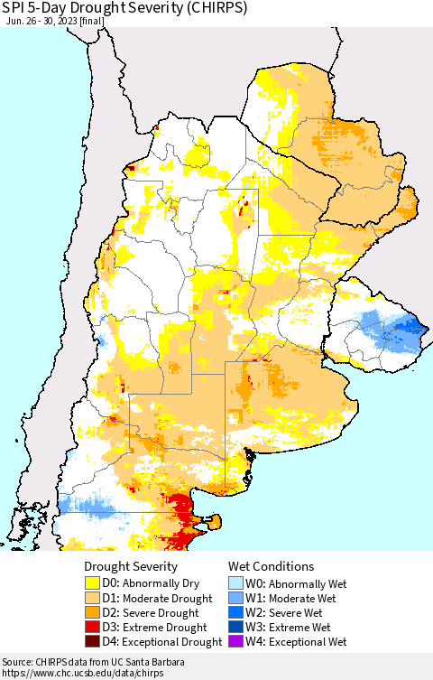 Southern South America SPI 5-Day Drought Severity (CHIRPS) Thematic Map For 6/26/2023 - 6/30/2023