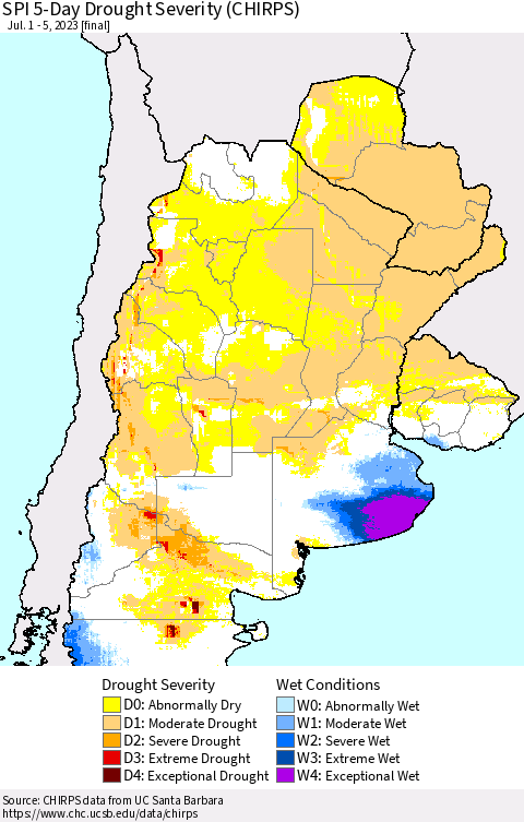 Southern South America SPI 5-Day Drought Severity (CHIRPS) Thematic Map For 7/1/2023 - 7/5/2023