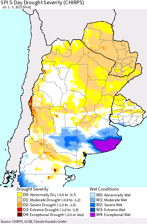 Southern South America SPI 5-Day Drought Severity (CHIRPS) Thematic Map For 7/1/2023 - 7/5/2023