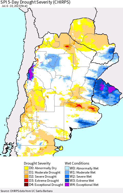 Southern South America SPI 5-Day Drought Severity (CHIRPS) Thematic Map For 7/6/2023 - 7/10/2023