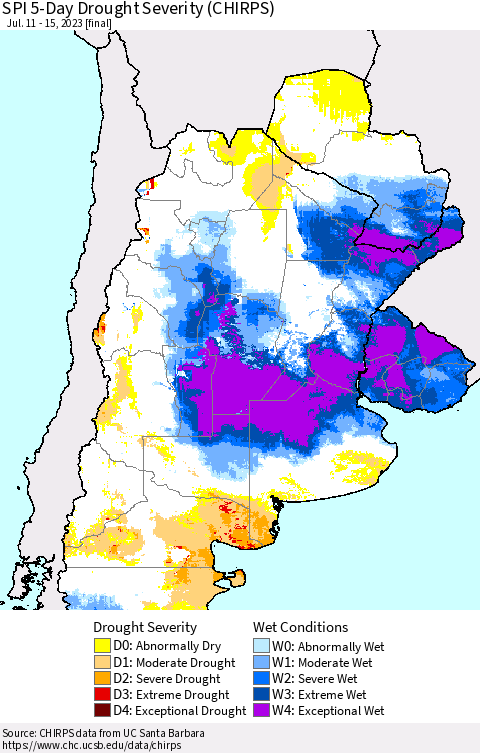Southern South America SPI 5-Day Drought Severity (CHIRPS) Thematic Map For 7/11/2023 - 7/15/2023