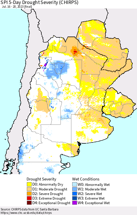 Southern South America SPI 5-Day Drought Severity (CHIRPS) Thematic Map For 7/16/2023 - 7/20/2023