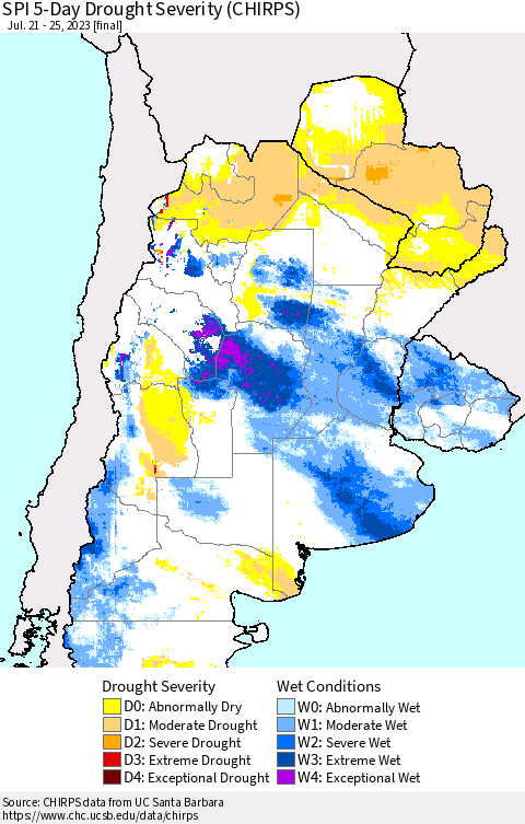 Southern South America SPI 5-Day Drought Severity (CHIRPS) Thematic Map For 7/21/2023 - 7/25/2023