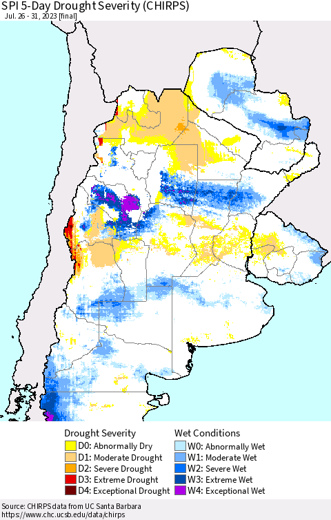 Southern South America SPI 5-Day Drought Severity (CHIRPS) Thematic Map For 7/26/2023 - 7/31/2023