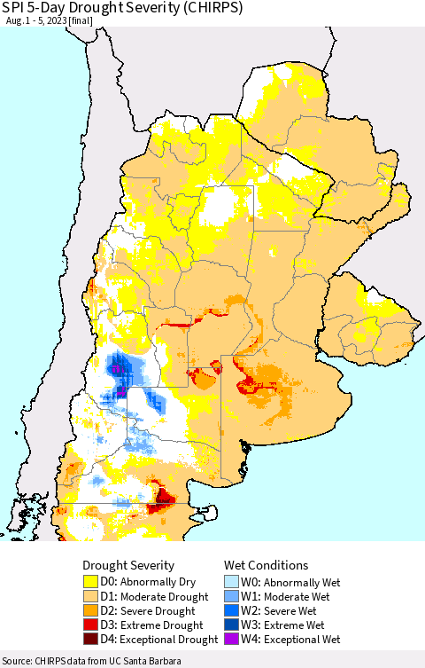 Southern South America SPI 5-Day Drought Severity (CHIRPS) Thematic Map For 8/1/2023 - 8/5/2023