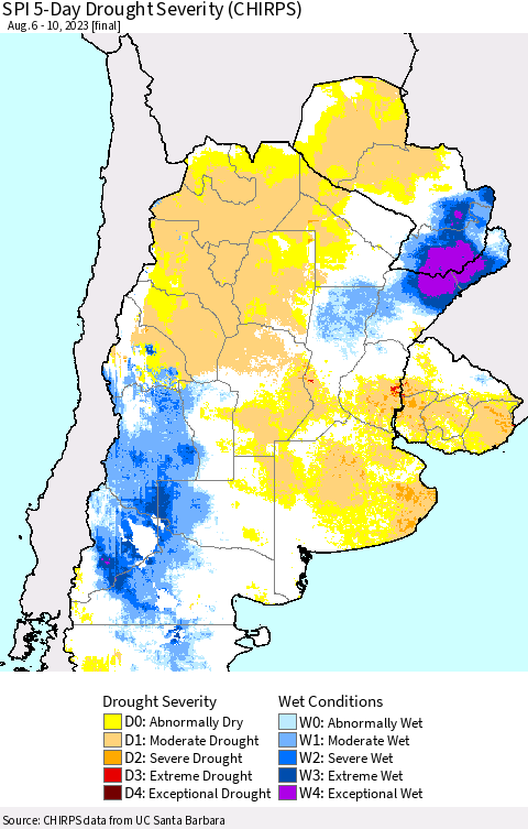 Southern South America SPI 5-Day Drought Severity (CHIRPS) Thematic Map For 8/6/2023 - 8/10/2023