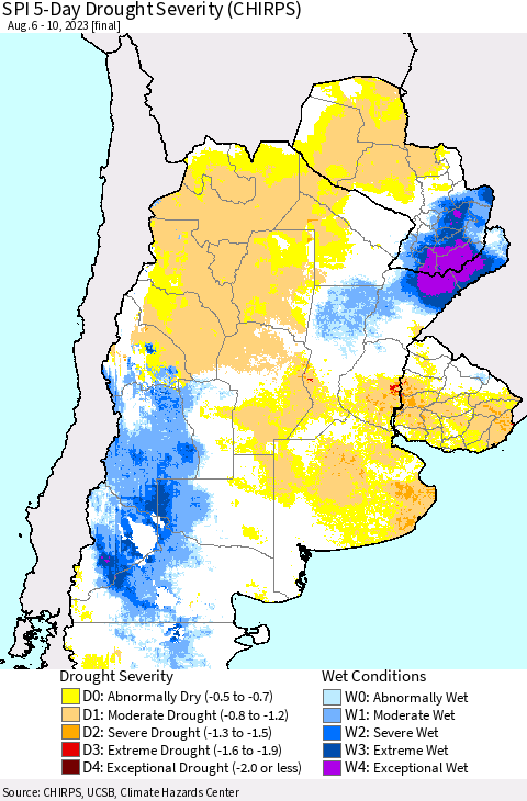 Southern South America SPI 5-Day Drought Severity (CHIRPS) Thematic Map For 8/6/2023 - 8/10/2023