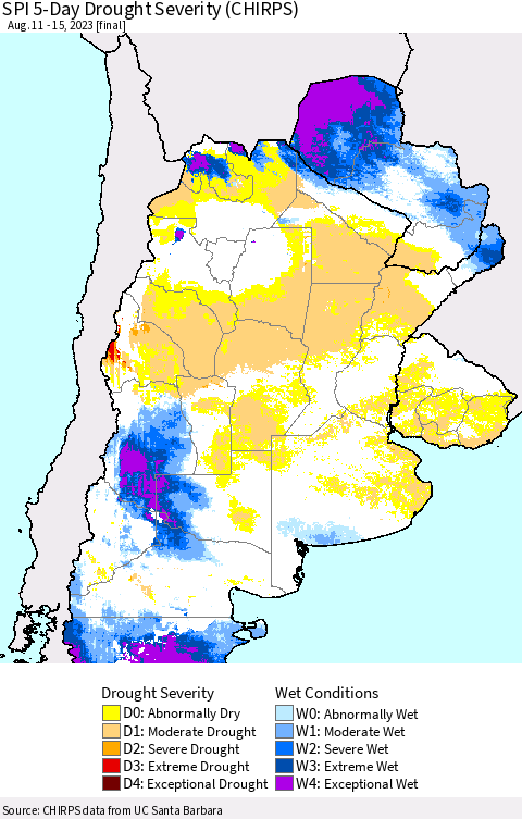 Southern South America SPI 5-Day Drought Severity (CHIRPS) Thematic Map For 8/11/2023 - 8/15/2023
