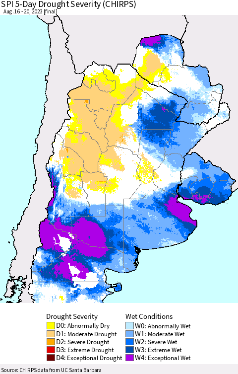 Southern South America SPI 5-Day Drought Severity (CHIRPS) Thematic Map For 8/16/2023 - 8/20/2023