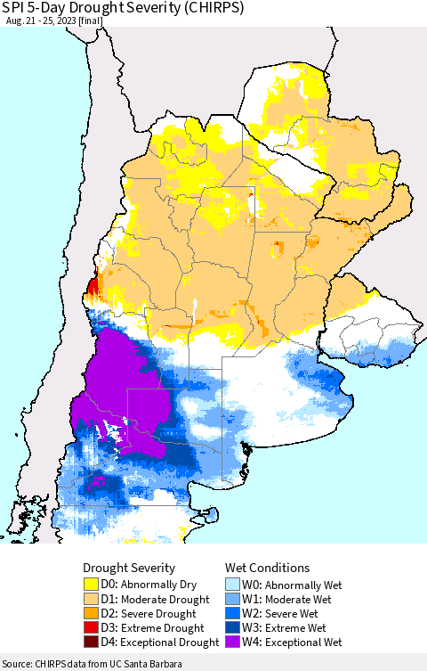 Southern South America SPI 5-Day Drought Severity (CHIRPS) Thematic Map For 8/21/2023 - 8/25/2023