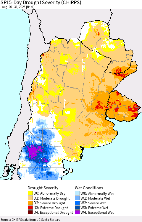 Southern South America SPI 5-Day Drought Severity (CHIRPS) Thematic Map For 8/26/2023 - 8/31/2023