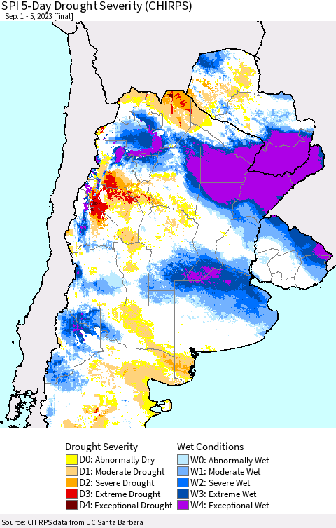 Southern South America SPI 5-Day Drought Severity (CHIRPS) Thematic Map For 9/1/2023 - 9/5/2023