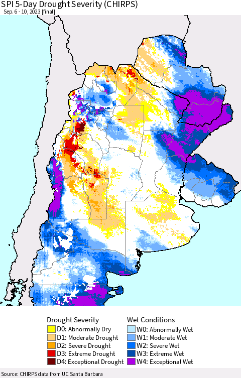 Southern South America SPI 5-Day Drought Severity (CHIRPS) Thematic Map For 9/6/2023 - 9/10/2023
