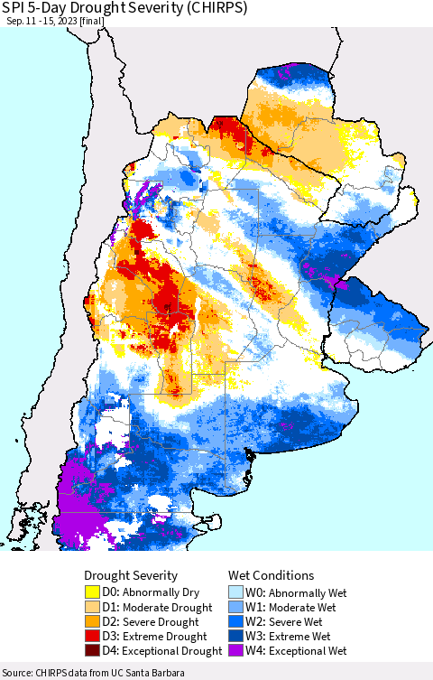 Southern South America SPI 5-Day Drought Severity (CHIRPS) Thematic Map For 9/11/2023 - 9/15/2023