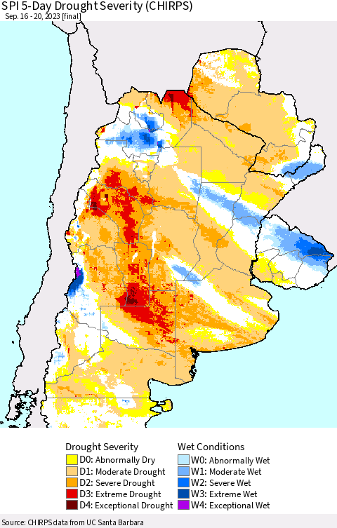 Southern South America SPI 5-Day Drought Severity (CHIRPS) Thematic Map For 9/16/2023 - 9/20/2023