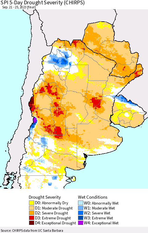 Southern South America SPI 5-Day Drought Severity (CHIRPS) Thematic Map For 9/21/2023 - 9/25/2023
