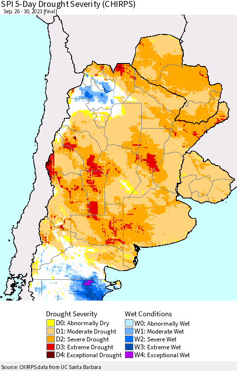 Southern South America SPI 5-Day Drought Severity (CHIRPS) Thematic Map For 9/26/2023 - 9/30/2023