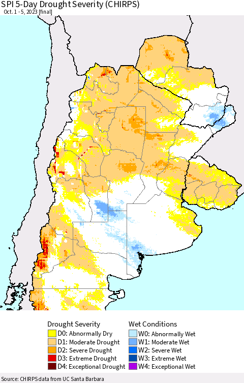 Southern South America SPI 5-Day Drought Severity (CHIRPS) Thematic Map For 10/1/2023 - 10/5/2023