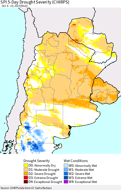 Southern South America SPI 5-Day Drought Severity (CHIRPS) Thematic Map For 10/6/2023 - 10/10/2023