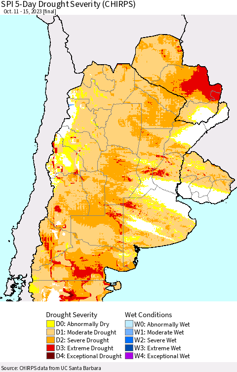 Southern South America SPI 5-Day Drought Severity (CHIRPS) Thematic Map For 10/11/2023 - 10/15/2023
