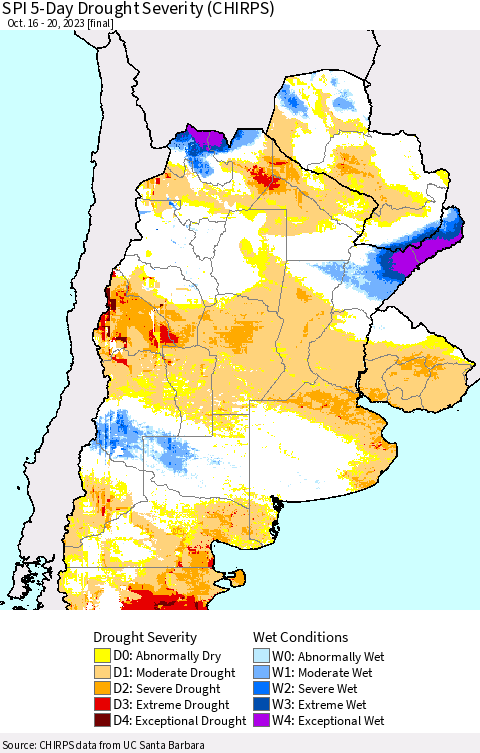 Southern South America SPI 5-Day Drought Severity (CHIRPS) Thematic Map For 10/16/2023 - 10/20/2023