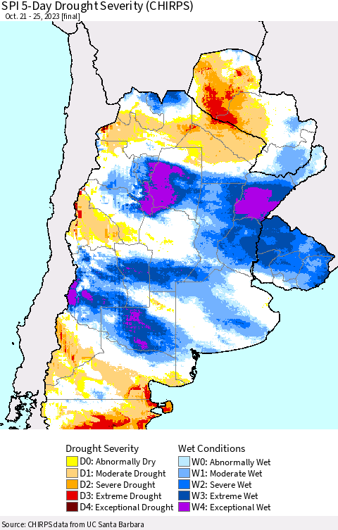 Southern South America SPI 5-Day Drought Severity (CHIRPS) Thematic Map For 10/21/2023 - 10/25/2023