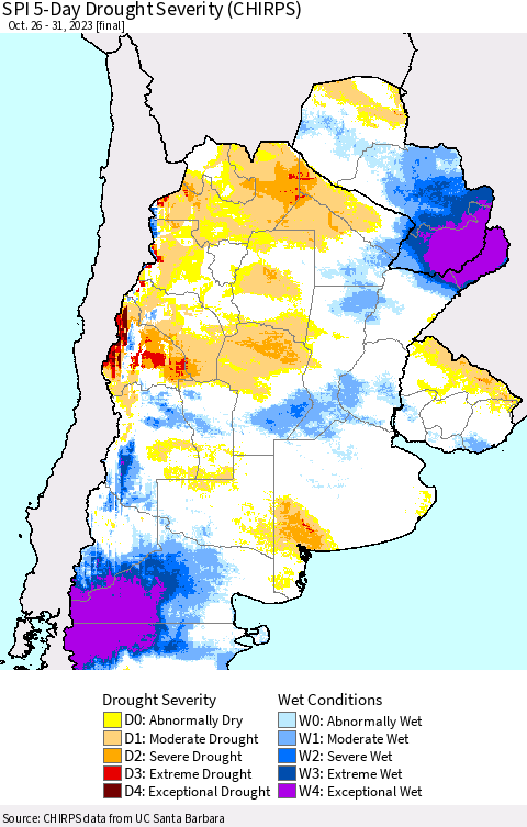 Southern South America SPI 5-Day Drought Severity (CHIRPS) Thematic Map For 10/26/2023 - 10/31/2023