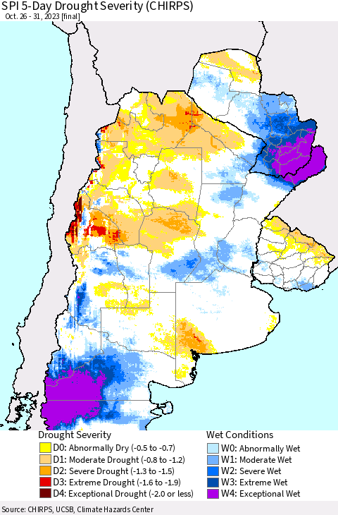 Southern South America SPI 5-Day Drought Severity (CHIRPS) Thematic Map For 10/26/2023 - 10/31/2023