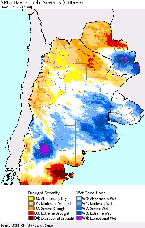 Southern South America SPI 5-Day Drought Severity (CHIRPS) Thematic Map For 11/1/2023 - 11/5/2023