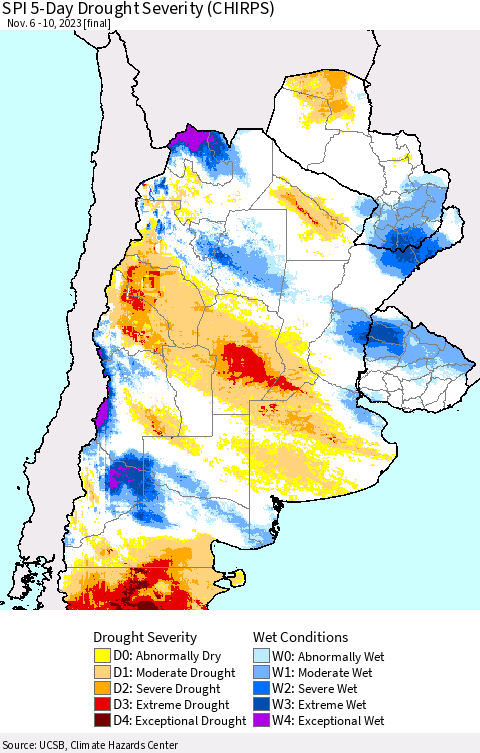 Southern South America SPI 5-Day Drought Severity (CHIRPS) Thematic Map For 11/6/2023 - 11/10/2023