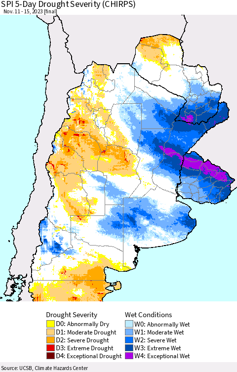 Southern South America SPI 5-Day Drought Severity (CHIRPS) Thematic Map For 11/11/2023 - 11/15/2023