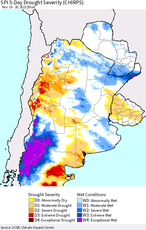 Southern South America SPI 5-Day Drought Severity (CHIRPS) Thematic Map For 11/16/2023 - 11/20/2023