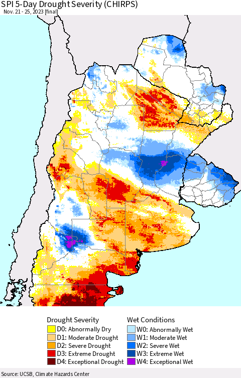 Southern South America SPI 5-Day Drought Severity (CHIRPS) Thematic Map For 11/21/2023 - 11/25/2023