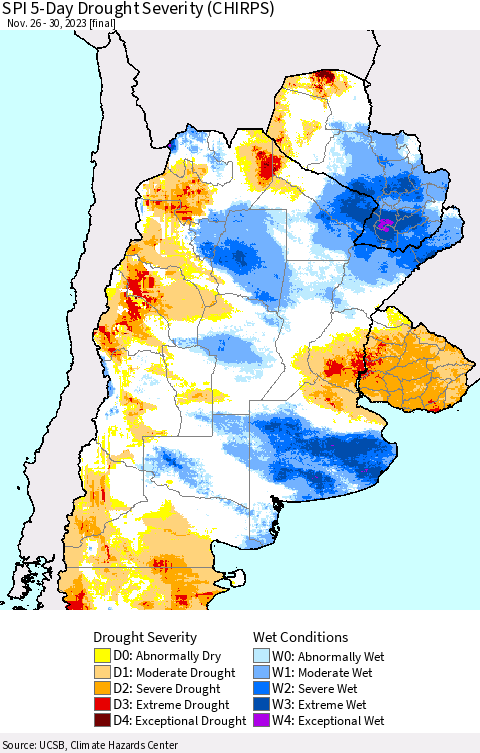 Southern South America SPI 5-Day Drought Severity (CHIRPS) Thematic Map For 11/26/2023 - 11/30/2023