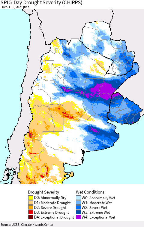 Southern South America SPI 5-Day Drought Severity (CHIRPS) Thematic Map For 12/1/2023 - 12/5/2023
