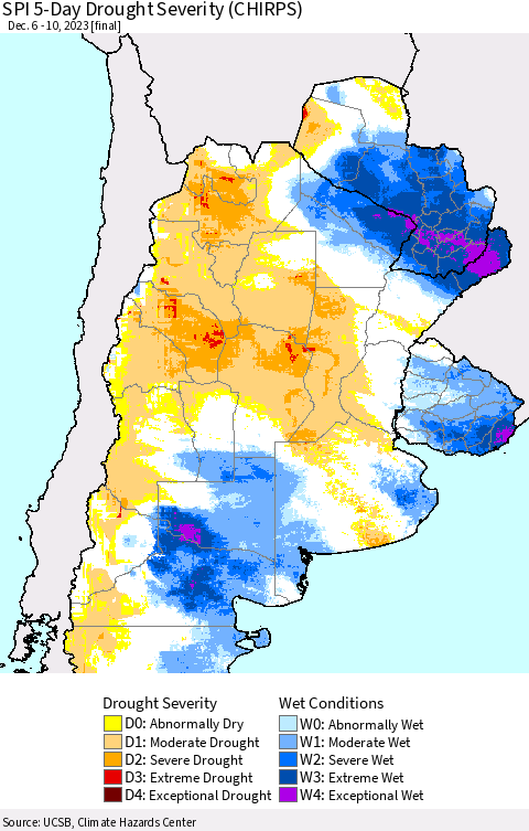 Southern South America SPI 5-Day Drought Severity (CHIRPS) Thematic Map For 12/6/2023 - 12/10/2023