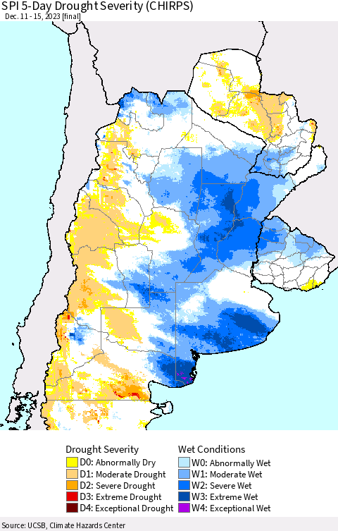 Southern South America SPI 5-Day Drought Severity (CHIRPS) Thematic Map For 12/11/2023 - 12/15/2023