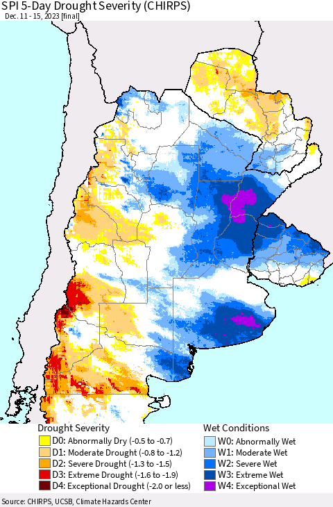 Southern South America SPI 5-Day Drought Severity (CHIRPS) Thematic Map For 12/11/2023 - 12/15/2023