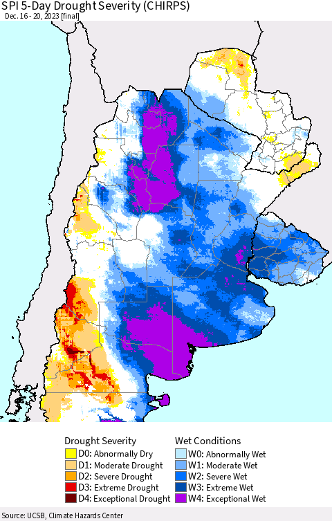 Southern South America SPI 5-Day Drought Severity (CHIRPS) Thematic Map For 12/16/2023 - 12/20/2023
