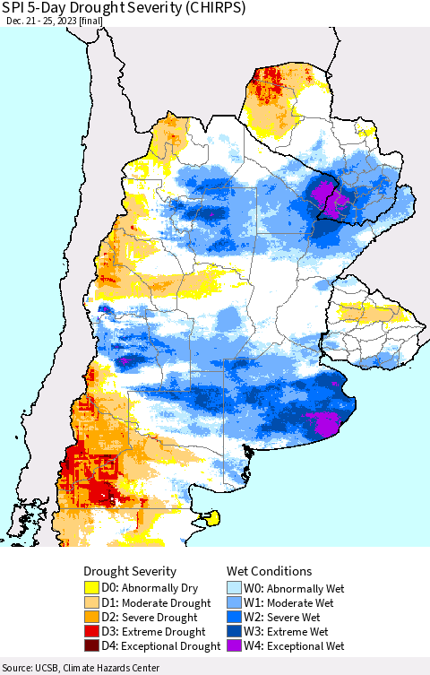 Southern South America SPI 5-Day Drought Severity (CHIRPS) Thematic Map For 12/21/2023 - 12/25/2023