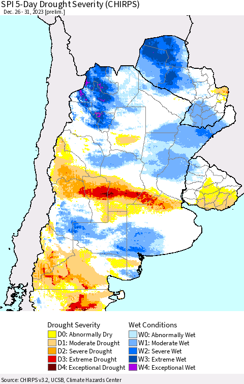 Southern South America SPI 5-Day Drought Severity (CHIRPS) Thematic Map For 12/26/2023 - 12/31/2023