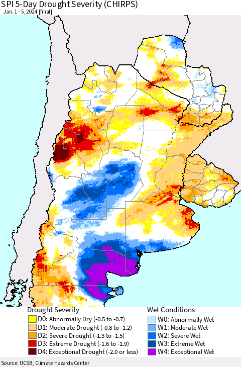 Southern South America SPI 5-Day Drought Severity (CHIRPS) Thematic Map For 1/1/2024 - 1/5/2024