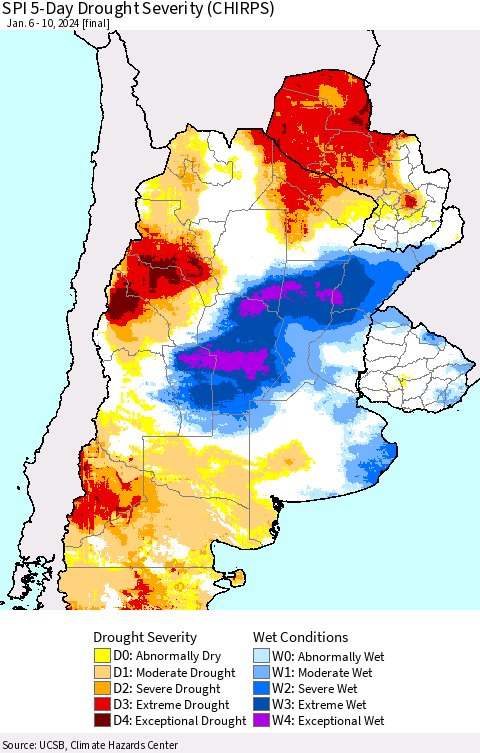 Southern South America SPI 5-Day Drought Severity (CHIRPS) Thematic Map For 1/6/2024 - 1/10/2024