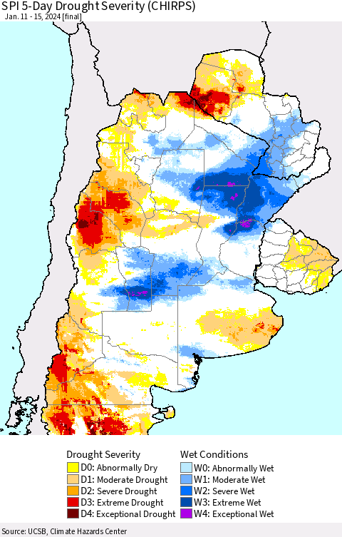 Southern South America SPI 5-Day Drought Severity (CHIRPS) Thematic Map For 1/11/2024 - 1/15/2024