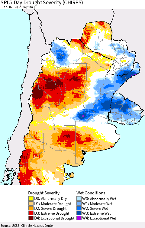 Southern South America SPI 5-Day Drought Severity (CHIRPS) Thematic Map For 1/16/2024 - 1/20/2024